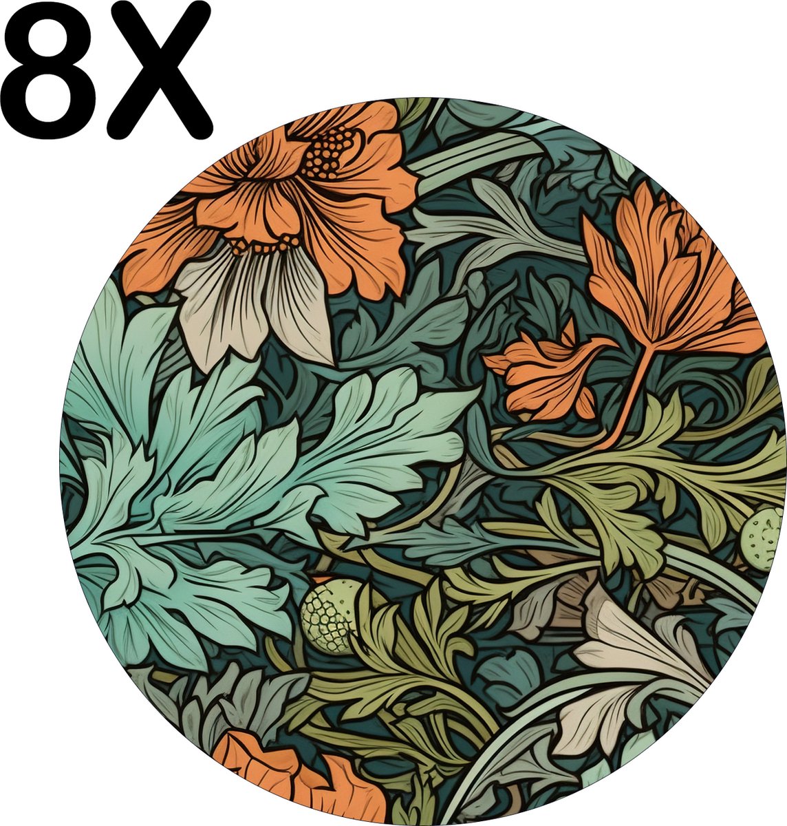 BWK Luxe Ronde Placemat - Getekende Bloemen en Planten - Set van 8 Placemats - 50x50 cm - 2 mm dik Vinyl - Anti Slip - Afneembaar