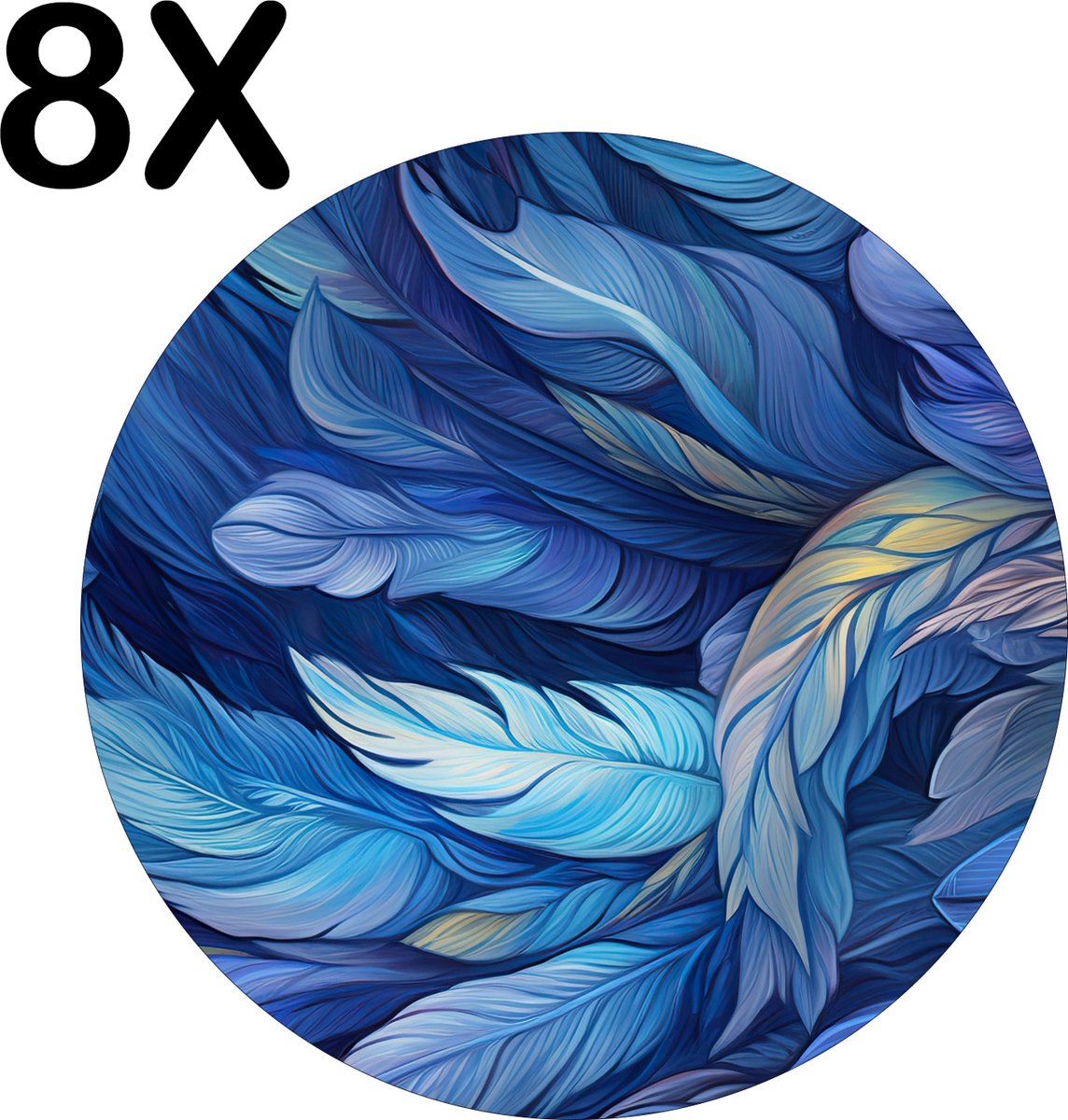 BWK Flexibele Ronde Placemat - Getekende Blauwe Veren - Set van 8 Placemats - 40x40 cm - PVC Doek - Afneembaar