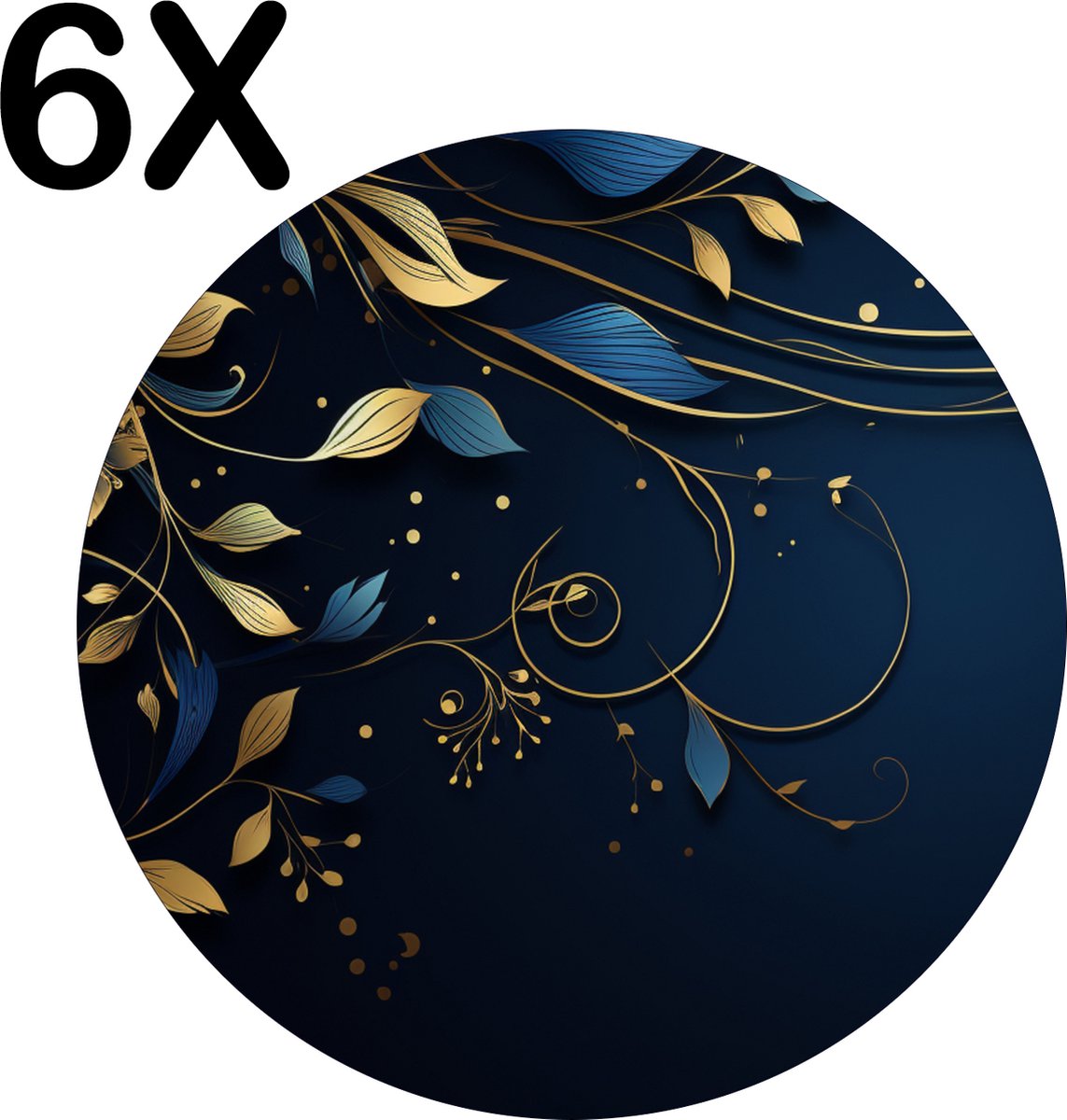 BWK Flexibele Ronde Placemat - Donker Blauwe Achtergrond met Gouden Bloemen - Set van 6 Placemats - 50x50 cm - PVC Doek - Afneembaar