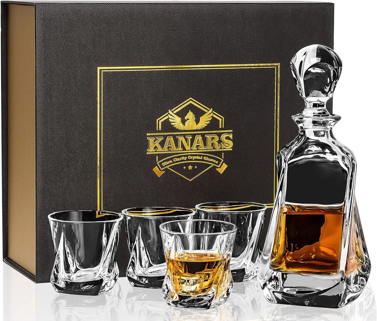 Luxe Whisky Karaf en Glazen Set - Een 650 ml Kristallen Whiskey Decanter met 4 Whiskyglazen van 210 ml, Perfect voor Martini, Scotch, Cocktails, Cognac, Whisky, Wodka - Prachtig Verpakt in een Stijlvolle Geschenkdoos, Complete Set van 5 Stuks