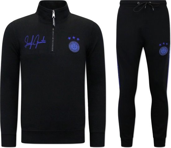 Heren Joggingspak - Half Zipper, Double Ribbon - Zwart / Blauw