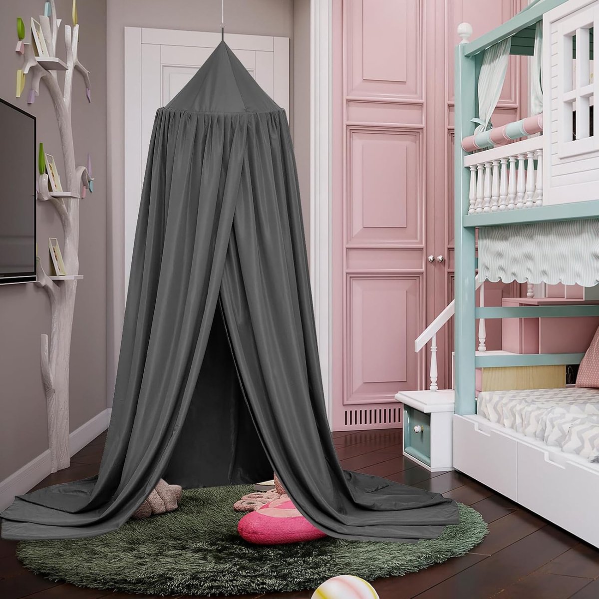 Baldakijn kinderkamer, bedhemel babybed kinderkamer 4 kleuren, hangend rond Princess insectennet muggennet, voor kinderkamer en speelkamer decoratie, 56 x 230 x 450 cm (grijs)