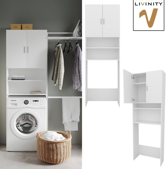 Martha Wasmachinekast, wit, hoge kast (64 x 190 cm met 2 korte deuren)