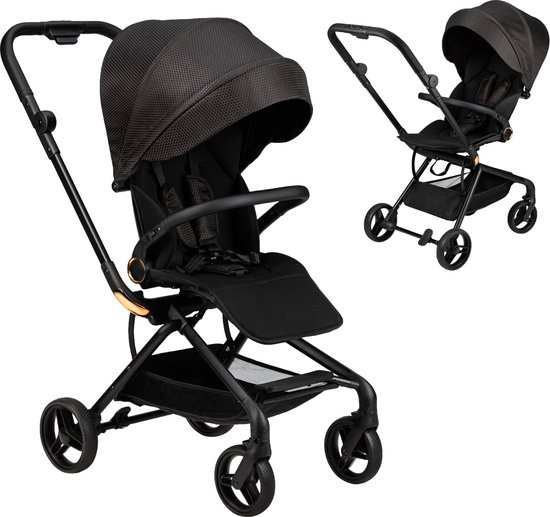 MoMi Wandelwagen - Comfortabele Buggy - Adelle met omkeerbaar zitje & XL Zonnekap - Black-Gold (geschikt van 6mnd - 22kg)