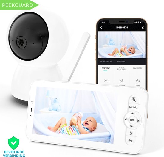 Peekguard BM5 - Babyfoon met Camera - 12,7cm HD Monitor & App (Gratis) - Premium Baby Phone - Incl. Geluidsdetectie, Voedingsalarm en Temperatuursensor
