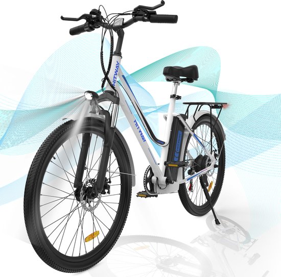 HITWAY elektrische fiets 26" met 36V 11.2Ah batterij 250W motor 25km/h en elektrische fietsbereik 35-90km voor mannen en vrouwen| Wit / Blauw