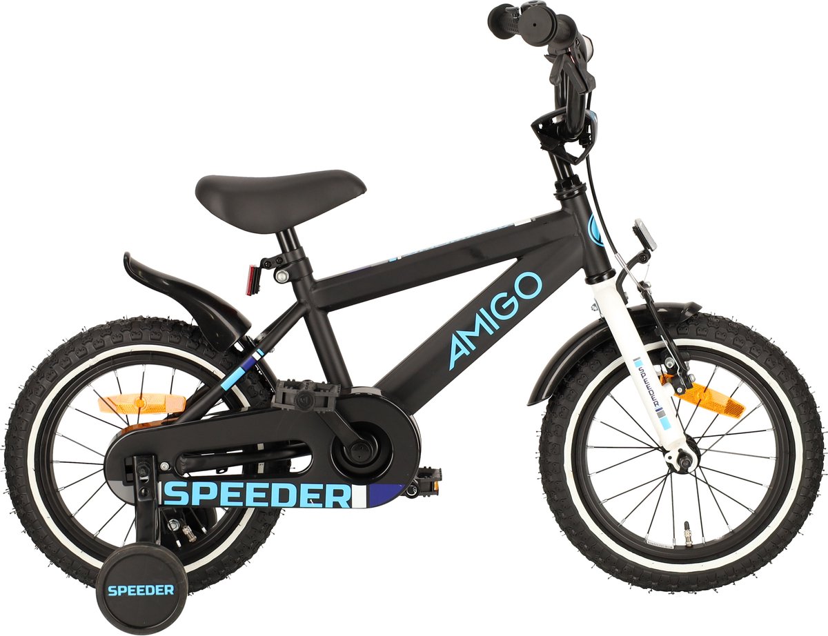 AMIGO Speeder Jongensfiets - 14 Inch 24 cm - Kinderfiets voor Jongens - Terugtraprem - Zwart/Blauw