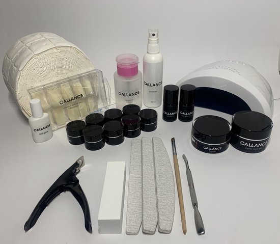 Callance Starterspakket UV Gel Standaard + 8 colors, Starter kit Gelnagels met LED lamp, UV Base Gel, UV Builder Gel Mystic Clear, UV Topcoat, Superbond, Tips, Tipslijm, Tipknipper, Kwast, Cuticle Pusher, Vijlen, Sanitizer, Cleanser, Celstofdeppers