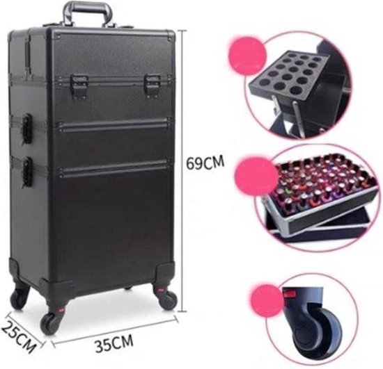 3in1 Beautykoffer / Trolley | voor opbergen van uw persoonlijke verzorgingsproducten | gemaakt van aluminium - van binnen Bekleed zwart fluweel - 8 wielen - Kapper - Tattoo - Nagel - Visagie - Make-up - Cosmetica - Schmink|