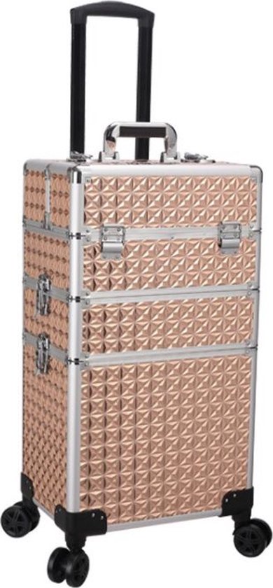 Kapper Koffer Gouden Kleur | Nagel | Visagist | Make-up | Cosmetica | Schminken | Trolley stevig en gemaakt van aluminium | 3 Delig | 8 Wielen | Bedekt met mooie diamantjes