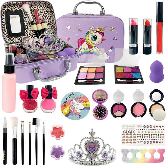 Make up koffer meisjes- Kinder speelkoffer- Makeupset voor kinderen- Paars-Nagellak- Eenhoorn-Lippenstift-Wenkbrauwborstel-Oogschaduw-makeupkoffer