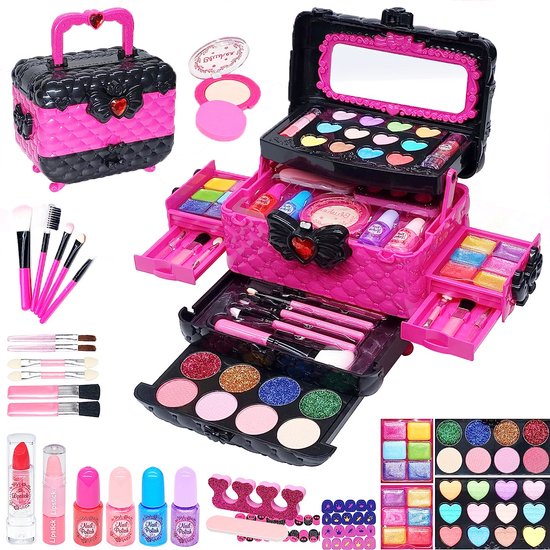 Make up koffer meisjes- Kinder speelkoffer- Makeupset voor kinderen- Roze met Zwart-Nagellak- 43delige-Lippenstift-Wenkbrauwborstel