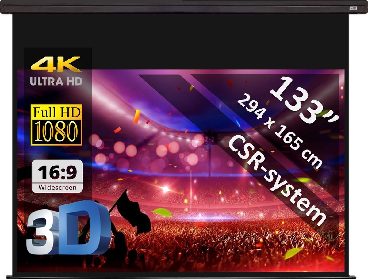 Manueel Projectiescherm 133" (340 cm) - 294 x 165 cm - 16:9 - mét CSR-systeem - beamer scherm - ZWARTE behuizing