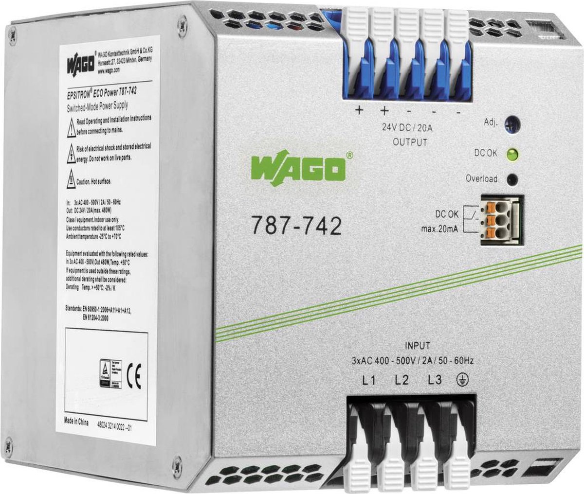 WAGO 787-742 DIN-rail netvoeding 24 V 20 A 480 W Aantal uitgangen: 1 x Inhoud: 1 stuk(s)