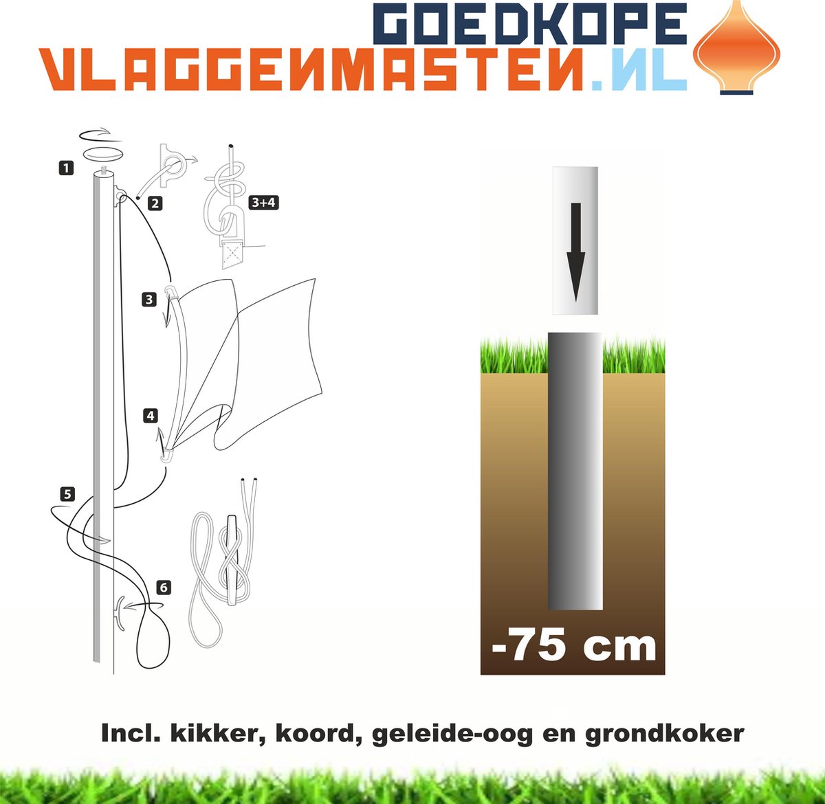 Vlaggenmast BASIC 8 meter aluminium cilindrisch ø 85 mm, grijs incl. knop, kikker, koord en geleide-oog en grondkoker - 8508A1A