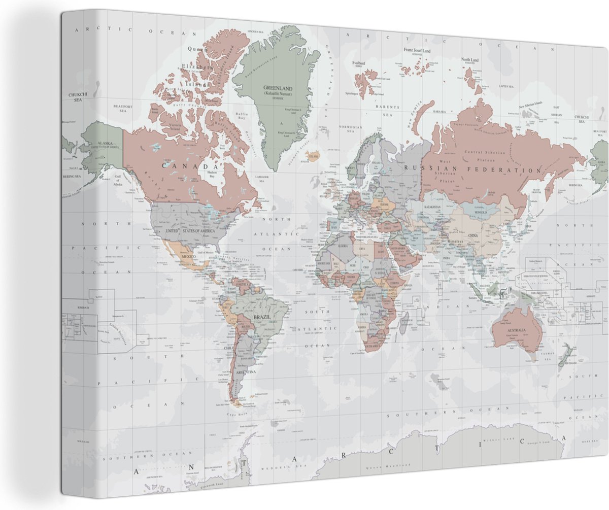 Canvas Wereldkaart - 180x120 - Wanddecoratie Wereldkaart - Vintage - Pastel - Aarde - Grijs - Educatief