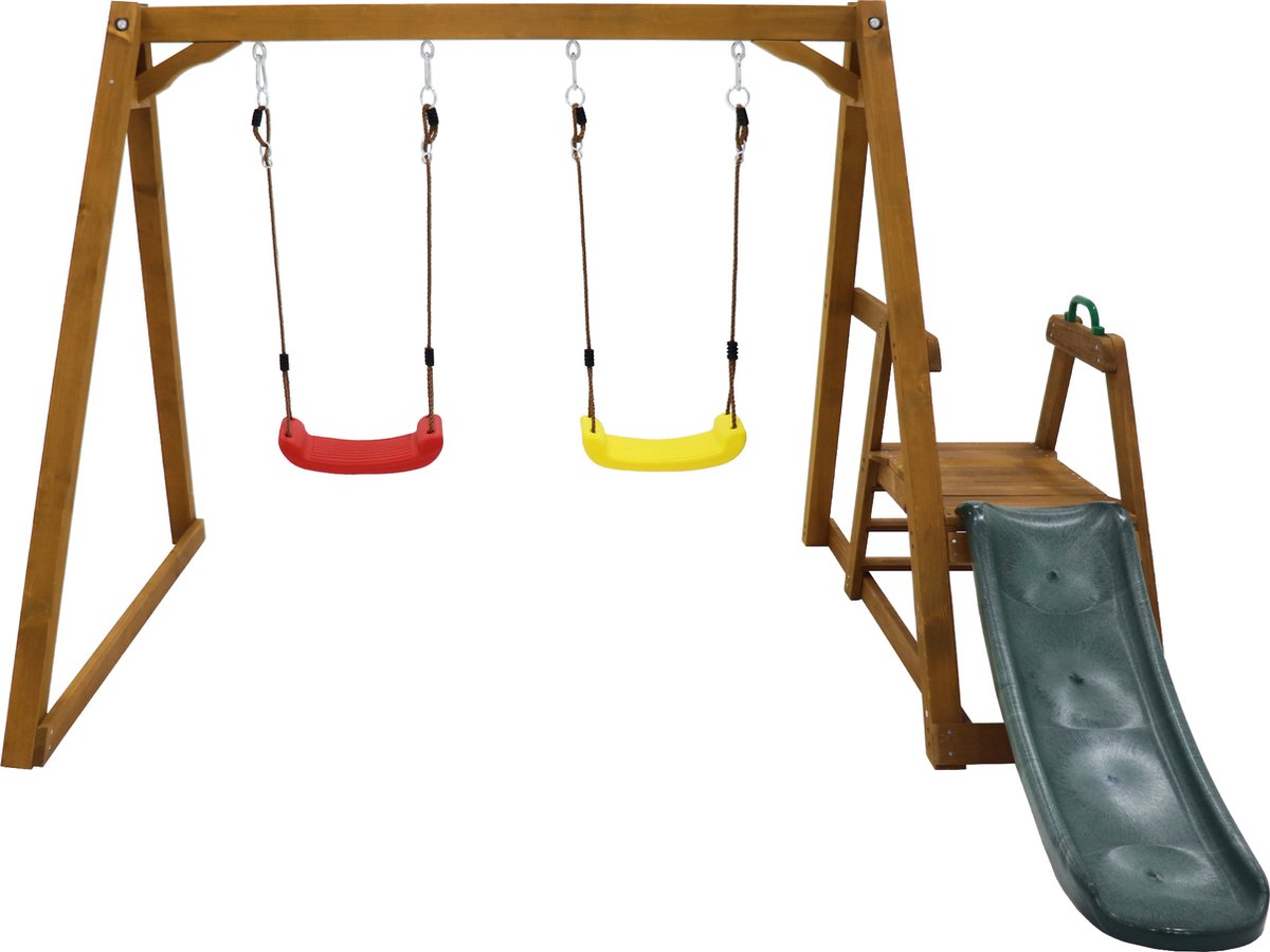 Merax Dubbele Kinderschommel met Glijbaan en Klimladder - Massief Houten Buiten Schommel