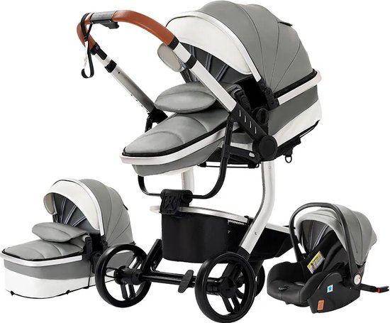 BrightWise Luxe Kinderwagen 3 in 1 van Kinderwagen - Autostoel - Grijs
