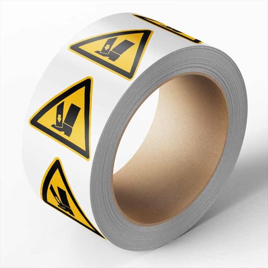 Gevaar voetbeklemming sticker op rol, 25 meter 100 mm - 215 per rol