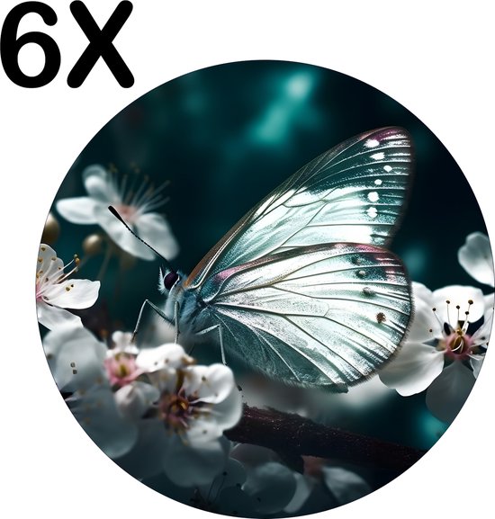 BWK Flexibele Ronde Placemat - Witte Vlinder op Witte Bloemen in een Donkere Omgeving - Set van 6 Placemats - 50x50 cm - PVC Doek - Afneembaar