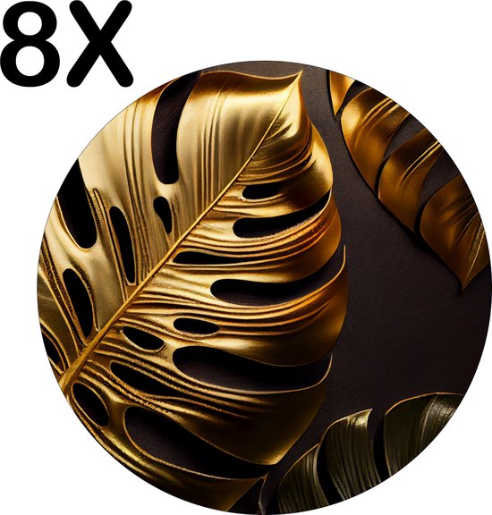 BWK Stevige Ronde Placemat - Gouden Bladeren op Donkere Achtergrond - Set van 8 Placemats - 50x50 cm - 1 mm dik Polystyreen - Afneembaar