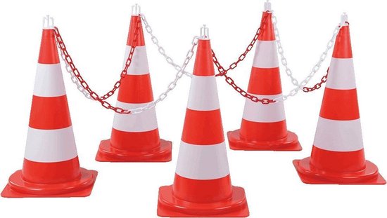 Set verkeerskegels met ketting, rood wit hoogte 75 cm