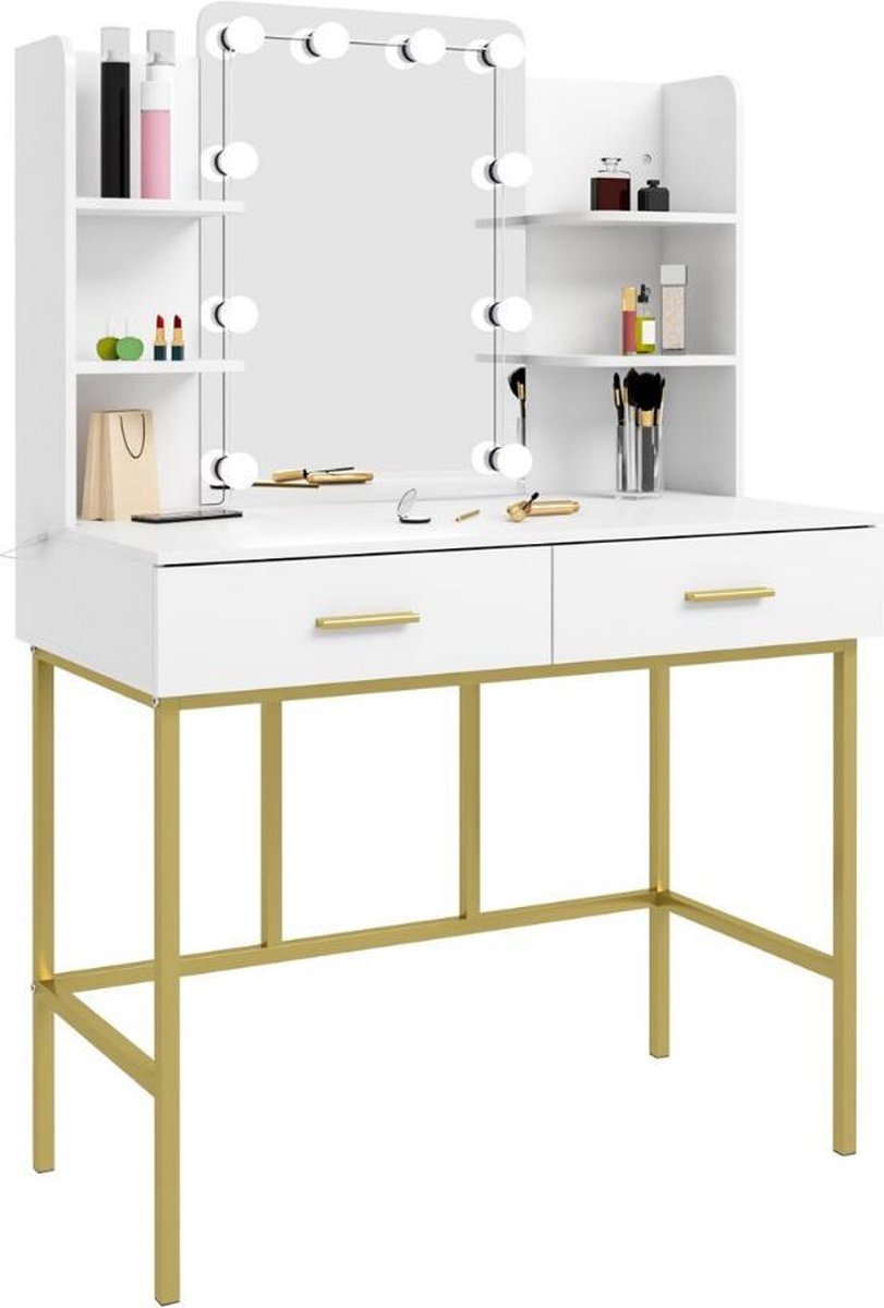 Dakta ® Luxe Make-Up Tafel met Spiegel met Verlichting | 2 lades | Wit en Goud | Kaptafel