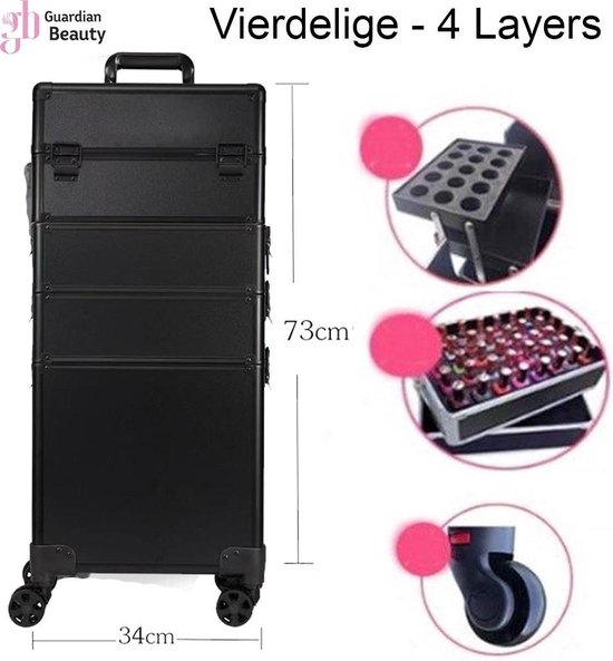 4in1 Beautykoffer / Trolley voor opbergen van uw persoonlijke verzorgingsproducten | gemaakt van aluminium - 8 wielen - Kapper - Tattoo - Nagel - Make-up - Cosmetica - Schmink - 4 Lagen