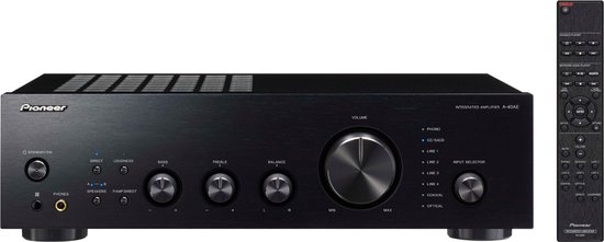 Pioneer A-40AE Black Geïntegreerde versterker | 2.0 | Speaker A/B | Tone Control | Loudness | Analoge ingangen | Phono MM | Digitale ingangen | Source Direct | Hoofdtelefoonuitgang | Afstandsbediening | Totaal uitgangsvermogen: 2x 60 W