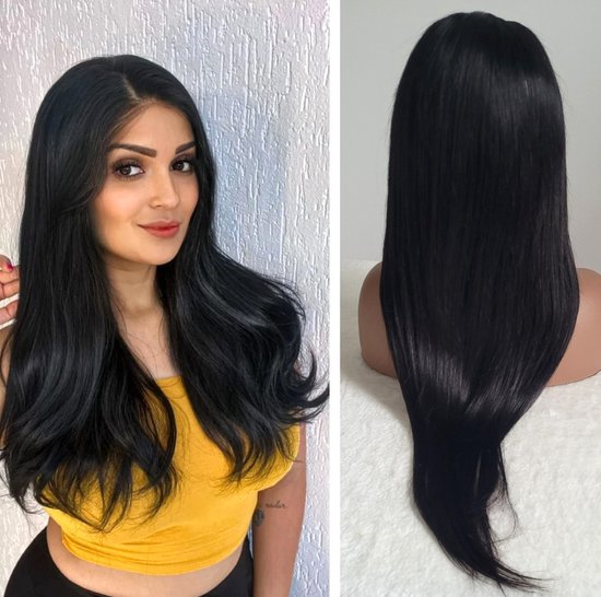Indian Remy pruik 22 inch - natuurlijk zwart steil haren - Braziliaanse haren - Braziliaanse pruik - real human hair - echte menselijke haren - 13X4 lace frontaal pruik - 180% dichtheid