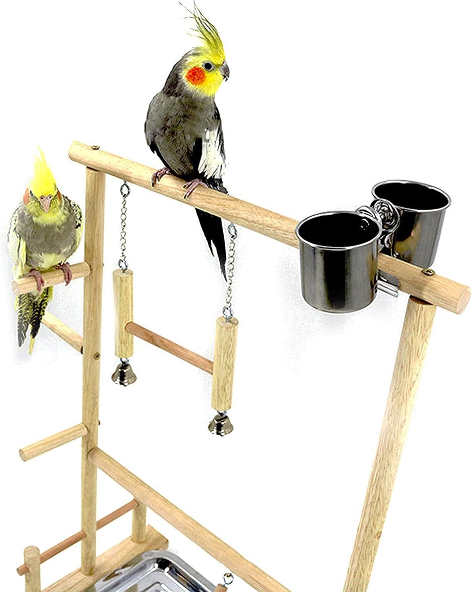 Papegaaien vogel houten speelstandaard, vogelkooi speeltuin speeltuin gym parkiet box ladder met voerbeker en dienblad, vogelspeelgoed schommel oefening speelgoed #3