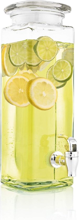 Drinks Dispenser Square Glass │with Tap │Retro Water Dispenser │Lemonade Dispenser │Juice Dispenser │Bowl (2.5 Litres)