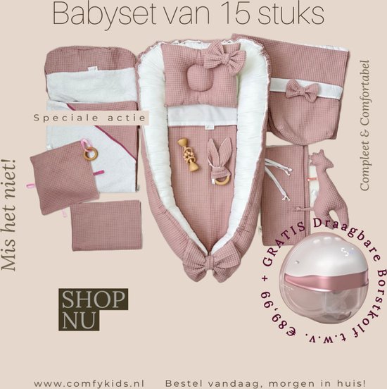 Comfykids Babynestset - Wafelkatoen - Kraamcadeau - Oudroze - Set Van 10 Onderdelen