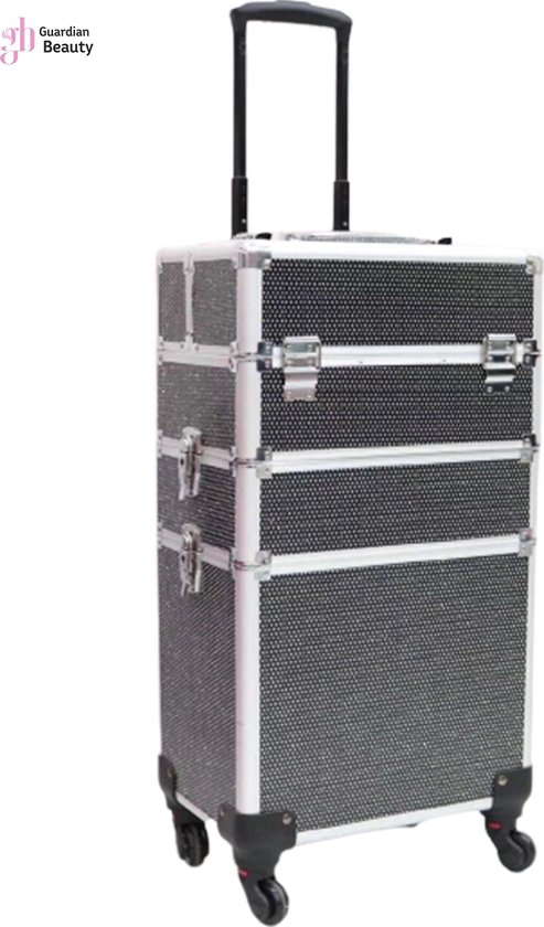 Kapper Koffer | Nagel | Visagist | Make-up | Cosmetica | Schminken | Trolley stevig en gemaakt van aluminium | 3 Delig | 8 Wielen | Bedekt met mooie diamantjes