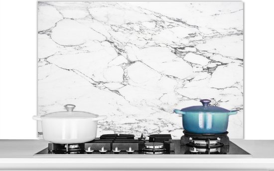Spatscherm Keuken - Kookplaat Achterwand - Spatwand Fornuis - 100x65 cm - Zwarte patronen door wit marmer - Aluminium - Wanddecoratie - Muurbeschermer - Hittebestendig