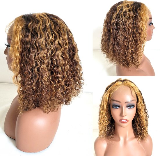 Braziliaanse Remy pruik - donkerbruine met lichtbruine krullen 12 inch  menselijke haren - front lace wig