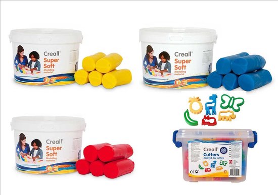Creall Klei Soft 3 emmers 1750 gr. geel, rood, blauw + kleivormen 28 stuks in box