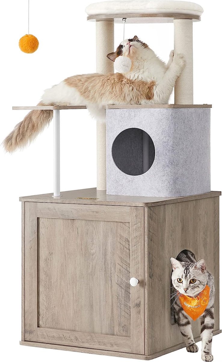 Krabpaal Met Kattenbakkast, 2-İn-1 Moderne Kattenboom, 118 Cm Hoog, 2 Krabzuilen, Knuffelhol, Wasbare Kussens, Greige