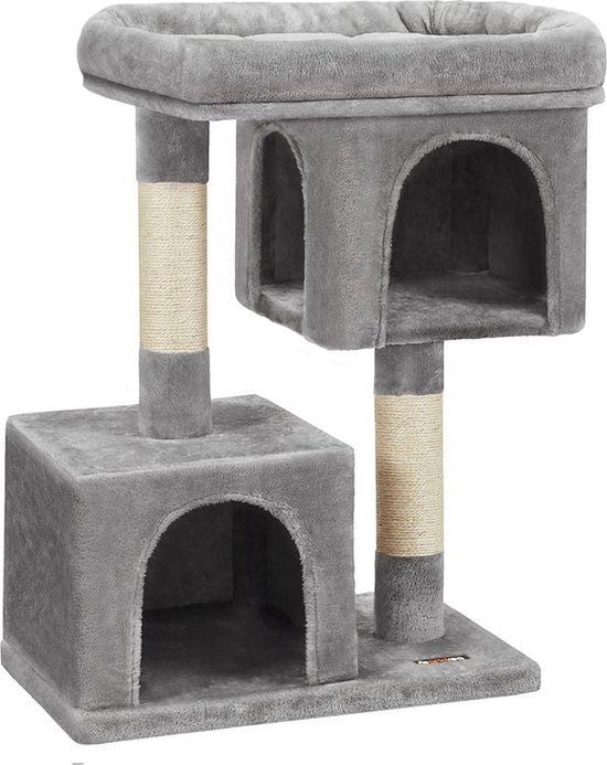 Rootz Krabpaal - Hoge Toren - Katvriendelijk Zacht - Groot Platform - Krabplank - 2 Grotten - Ruimtebesparende Kat - Carb Gecertificeerde Spaanplaat Pluche-sisal - Lichtgrijs - 60 x 40 x 84 cm