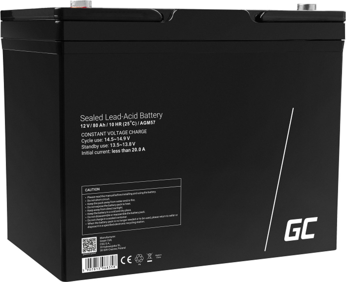 AGM VRLA 12V 80Ah onderhoudsvrije accu voor campers en grasmaaiers.