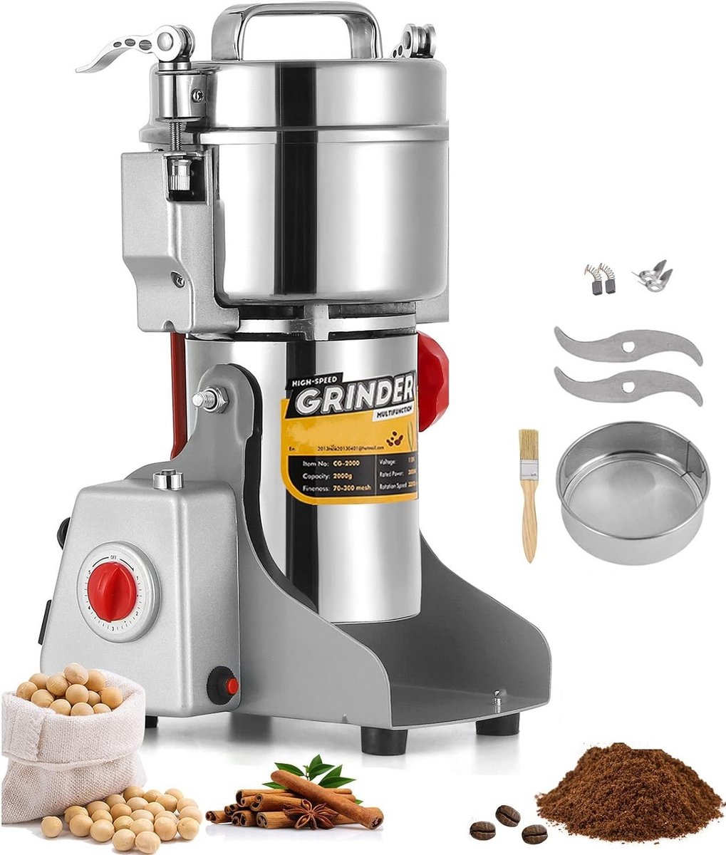 Royalty Line® FG21803 Kruidenmolen Elektrisch - Voor 800 gr - 2000W - Graanmolen Elektrisch - Grinder - Specerijenmolen - RVS