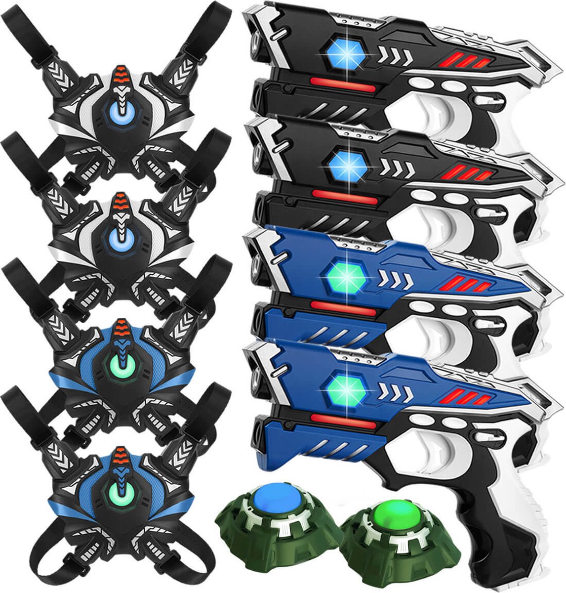 KidsTag Lasergame set: 4 Laserguns + 4 vesten + 2 targets. Complete lasergame set voor 4 spelers