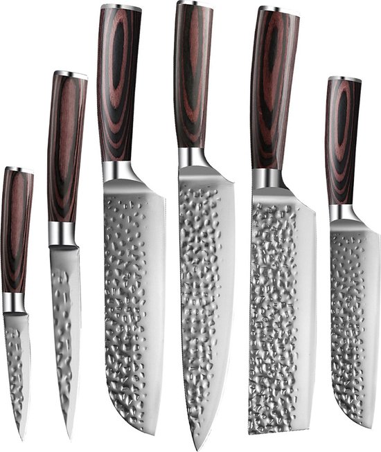 Shinrai Japan - Messenset - 6 delig - Koksmes - Japanse mes - Mes - Hammered RVS - Met Luxe Geschenkdoos
