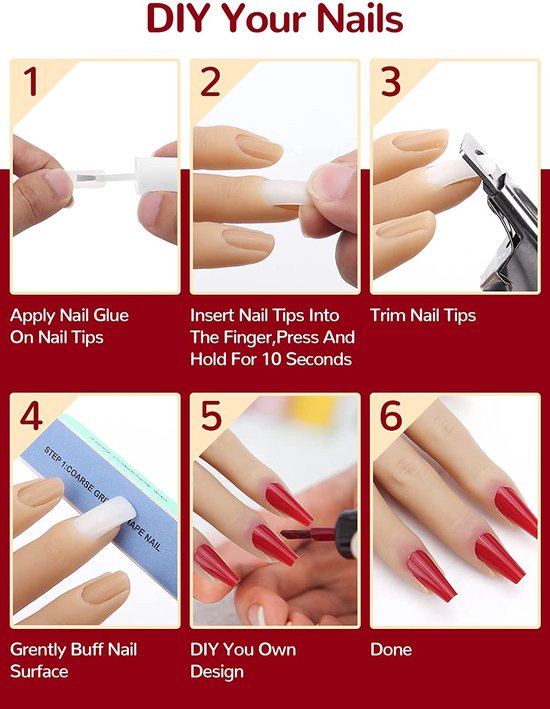 Oefenhand voor nageldesign, siliconenhand voor gelnagels, 100 stuks kunstnagels, nepnagels, oefenhanden, training, oefenmodel, nailart, manicureset voor doe-het-zelvers