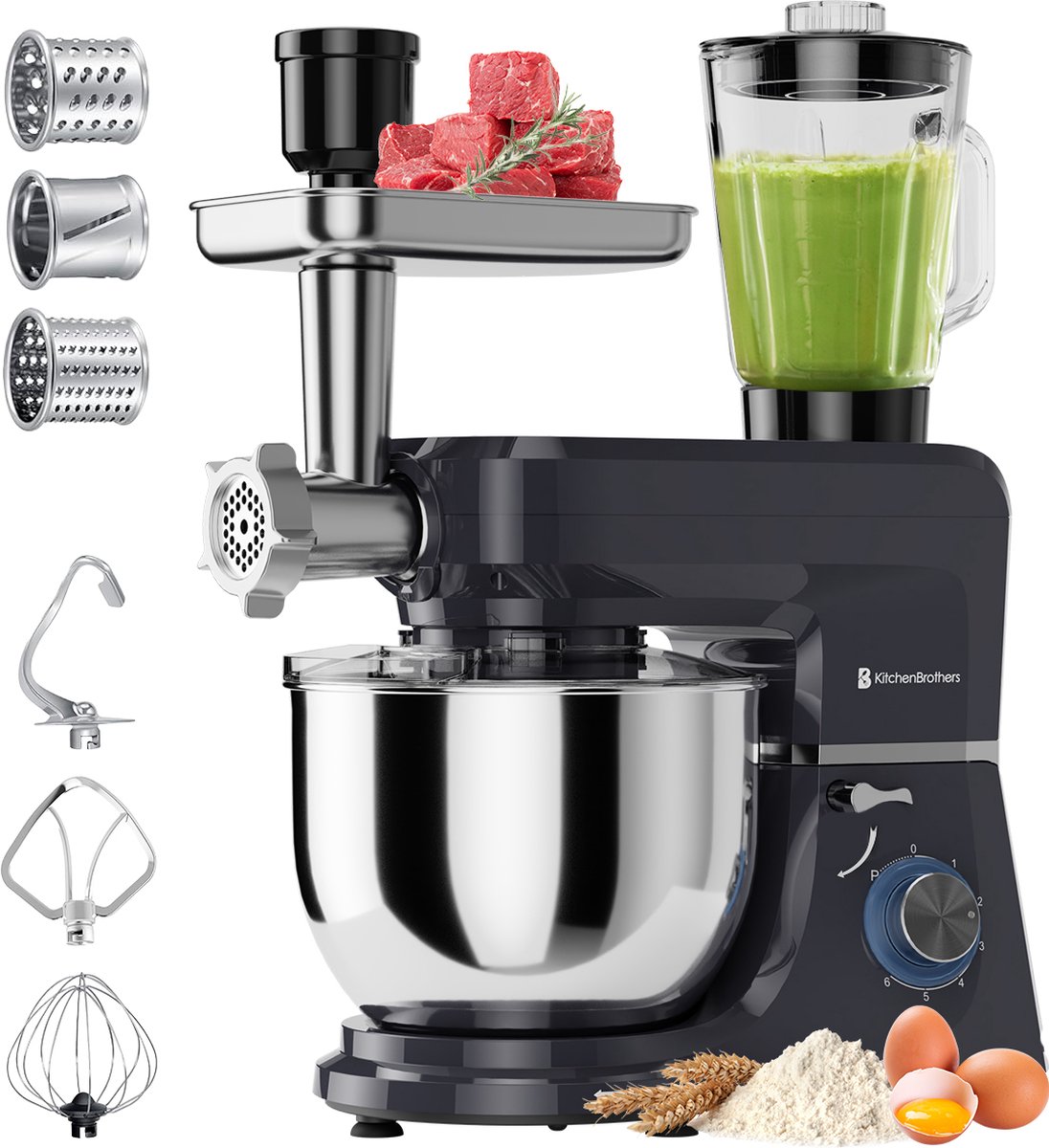 KitchenBrothers Keukenmachine - Complete Set - 15 Accessoires - Keukenrobot - 6L - 1500W - Antraciet