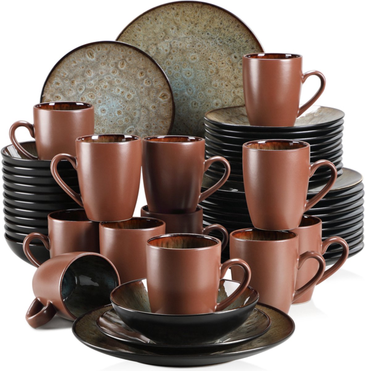 Happyment Serviesset Deluxe - 12 Persoons - Porselein - 48 Delig - Bordenset 12 persoons - Bordenset 48 delig - Bruin