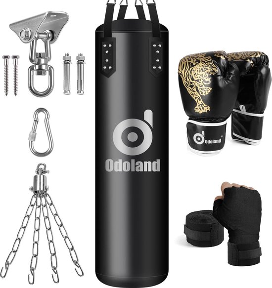 6-in-1 bokszak ongevuld set voor mannen en vrouwen, 4ft kickbokszak met 12oz bokshandschoenen en handwraps, bokszak ophangkettingen en ophangsysteem.
