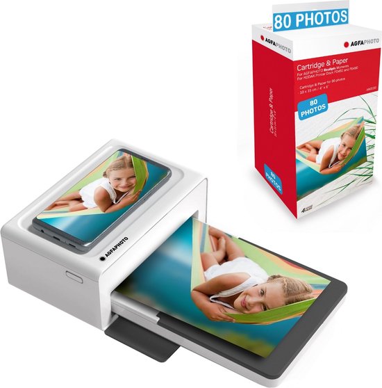 AGFA PHOTO Pack Imprimante Realipix Moments + Cartouches et papiers 80 photos supplémentaires - Impression Bluetooth Photo 10x15 cm Smartphone Apple et Android, 4Pass Sublimation Thermique - Blanc