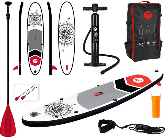 PURE4FUN SUP Board - Opblaasbaar Paddle Board - Complete Set - Met Pomp / Draagtas / Verstelbare Peddel / Enkelkoord / Reparatiekit - Max. 100KG - 305x71cm - Kompas