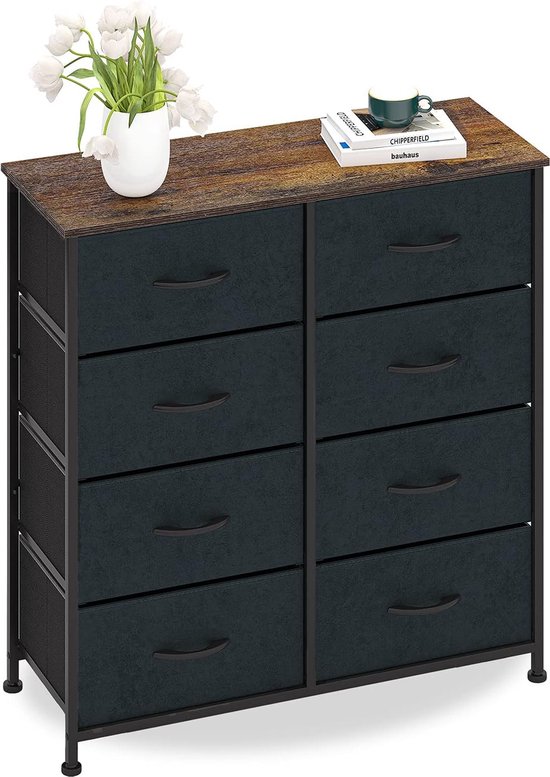 Commode met 8 laden, suède, stoffen kast, dressoir, vintage highboard, metaal, multifunctionele kast, organizer, tv-kast, klein, keuken, slaapkamer, kantoor, woonkamer, zwart + grijs hout + staal